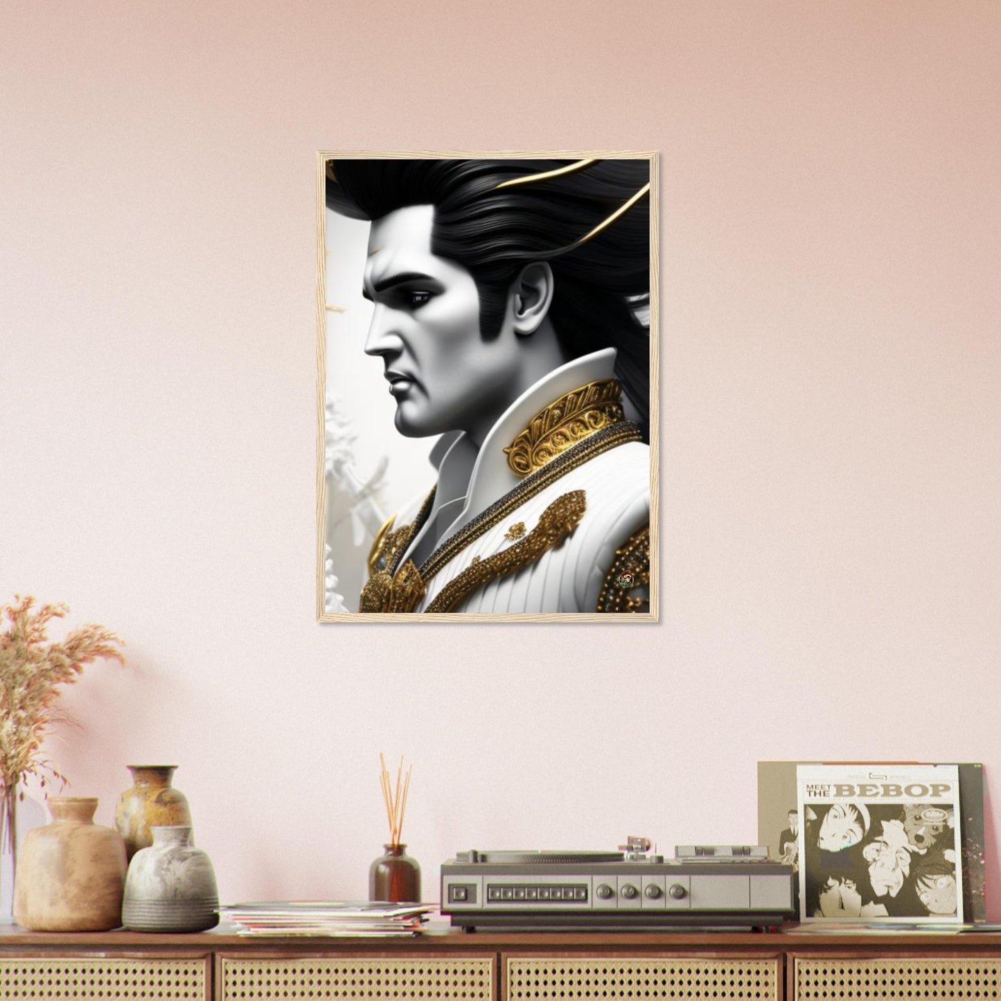 Hochwertiges, halbglänzendes Poster mit Holzrahmen von Elvis Presley. erstellt von Ötzi Frosty