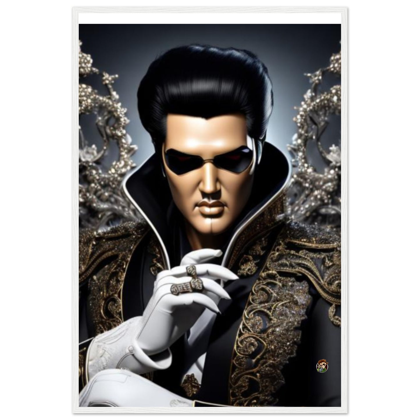 Hochwertiges, halbglänzendes Poster mit Holzrahmen von Elvis Presley. erstellt von Ötzi Frosty
